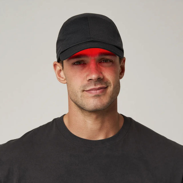 Hombre usando la Gorra RedLume de luz roja