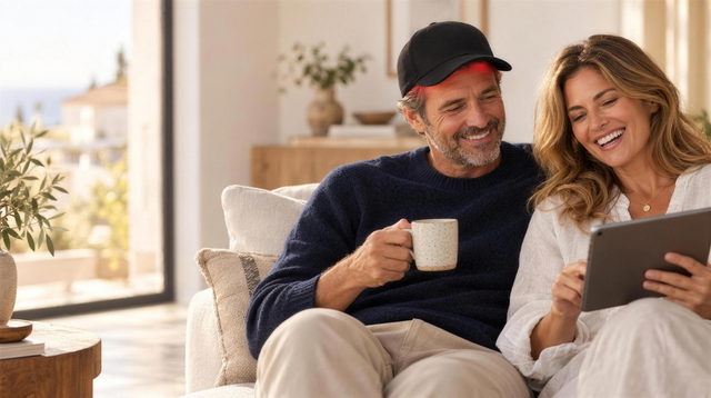 Pareja en el sofá, él con la Gorra RedLume de luz roja